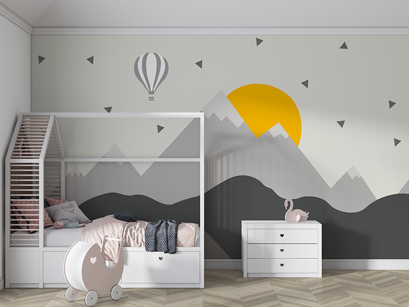 Foto tapeta Balon i sunce iznad sivih brda na zidu